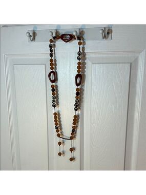 Boho Beaded Statement Necklace – Brown, Amber & Cream Tones